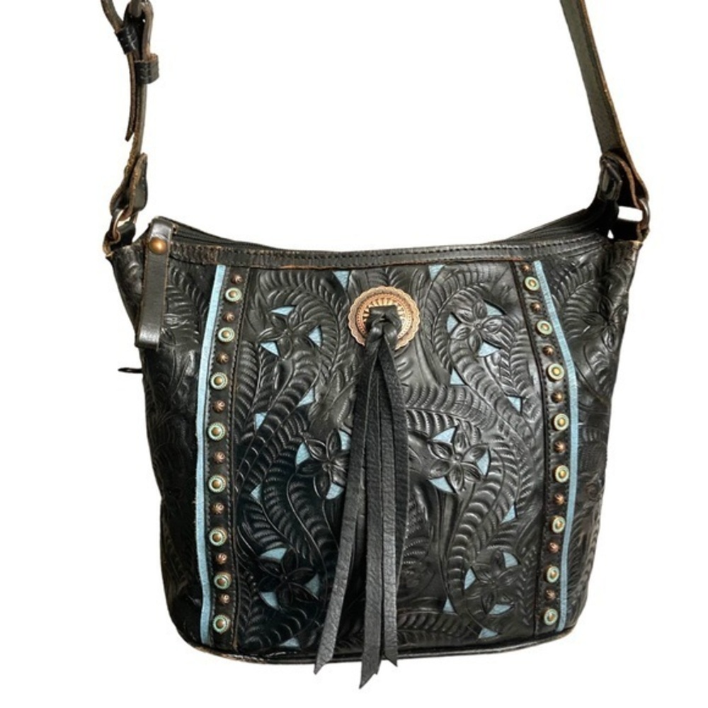 American west black tooled leather bag